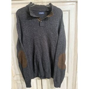 CHAPS Men's Grey Henley Knit Sweater XL Brown Suede Elbow Patches Proffesor